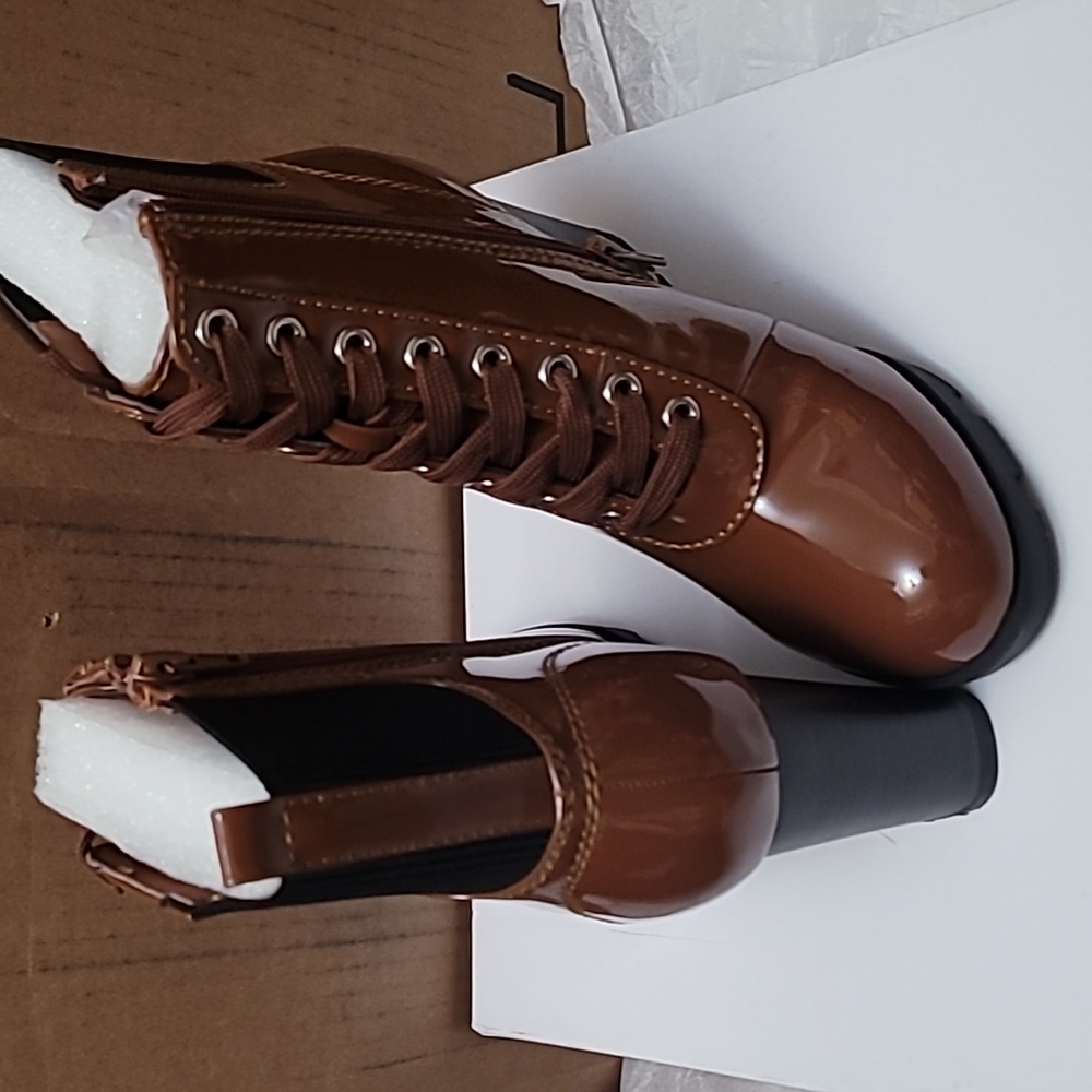 Cognac Boots Zip Up Chunky heel Size 6M Women's New - Picture 5 of 7